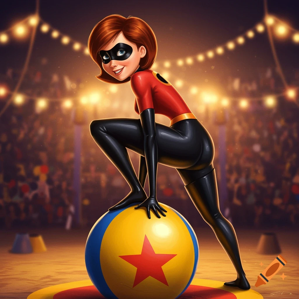 Elastigirl in her red and black suit balancing on a yellow and blue Pixar ball in a circus tent.