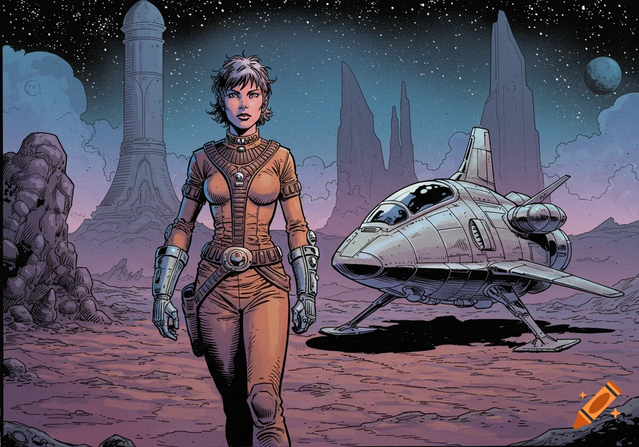 A female science fantasy adventurer in an orange suit stands on an alien planet in a Moebius-style comic art, with her small spacecraft nearby.