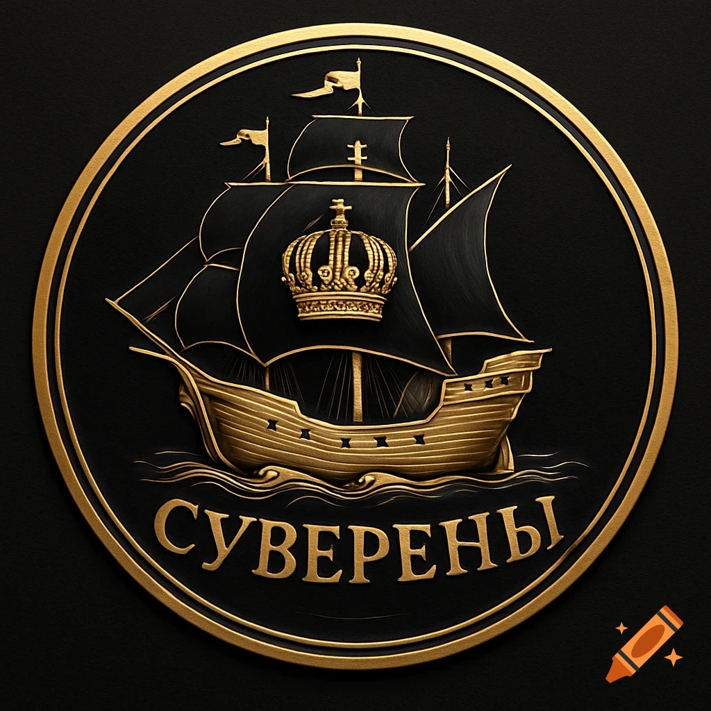 A gold and black round emblem featuring a sailing ship with a crown on its black sails, and the word 'СУВЕРЕНЫ' (Sovereigns) below.