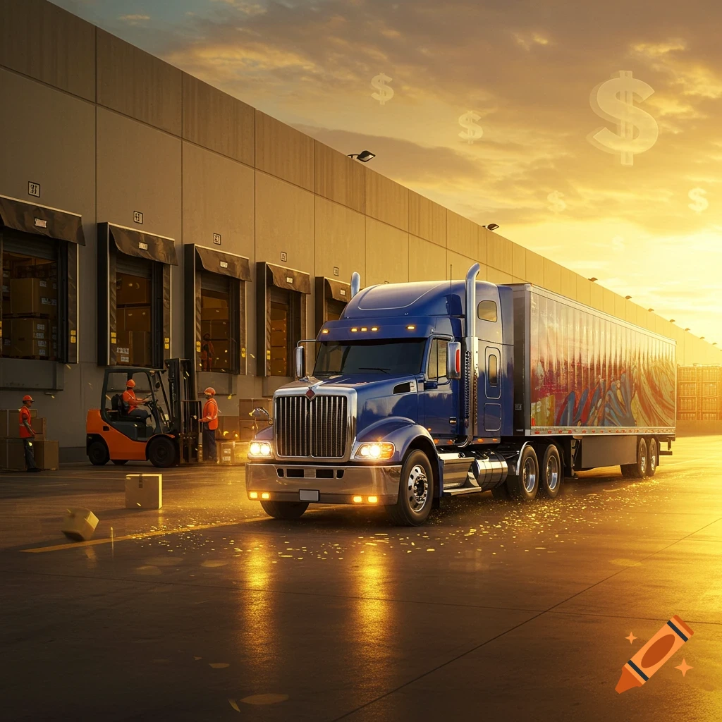A blue semi truck with a trailer drives from a warehouse loading dock at sunset, with dollar signs floating in the sky.