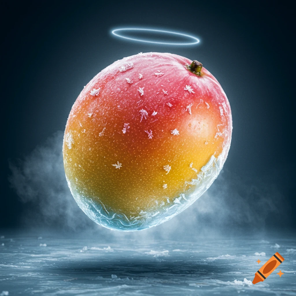 A photorealistic image of a frosted mango with a glowing blue halo above it, floating over an icy surface with mist.