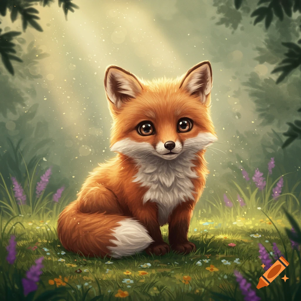 A cute, fluffy orange and white fox with large eyes sitting in a lush green forest with purple and yellow flowers and sunbeams.