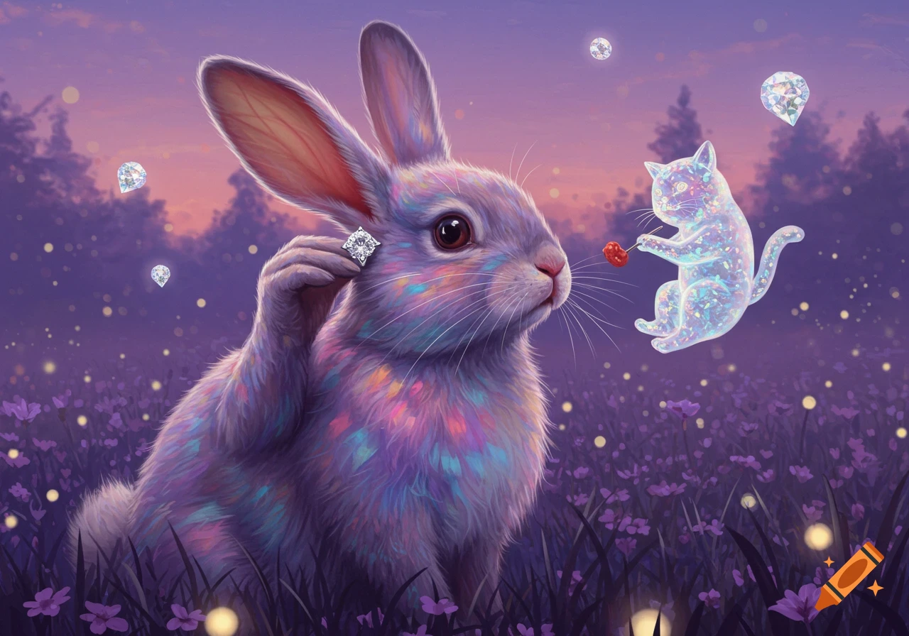 A sparkling, colorful rabbit holds a diamond earring as a translucent, shimmering cat floats in a magical purple field at dusk.