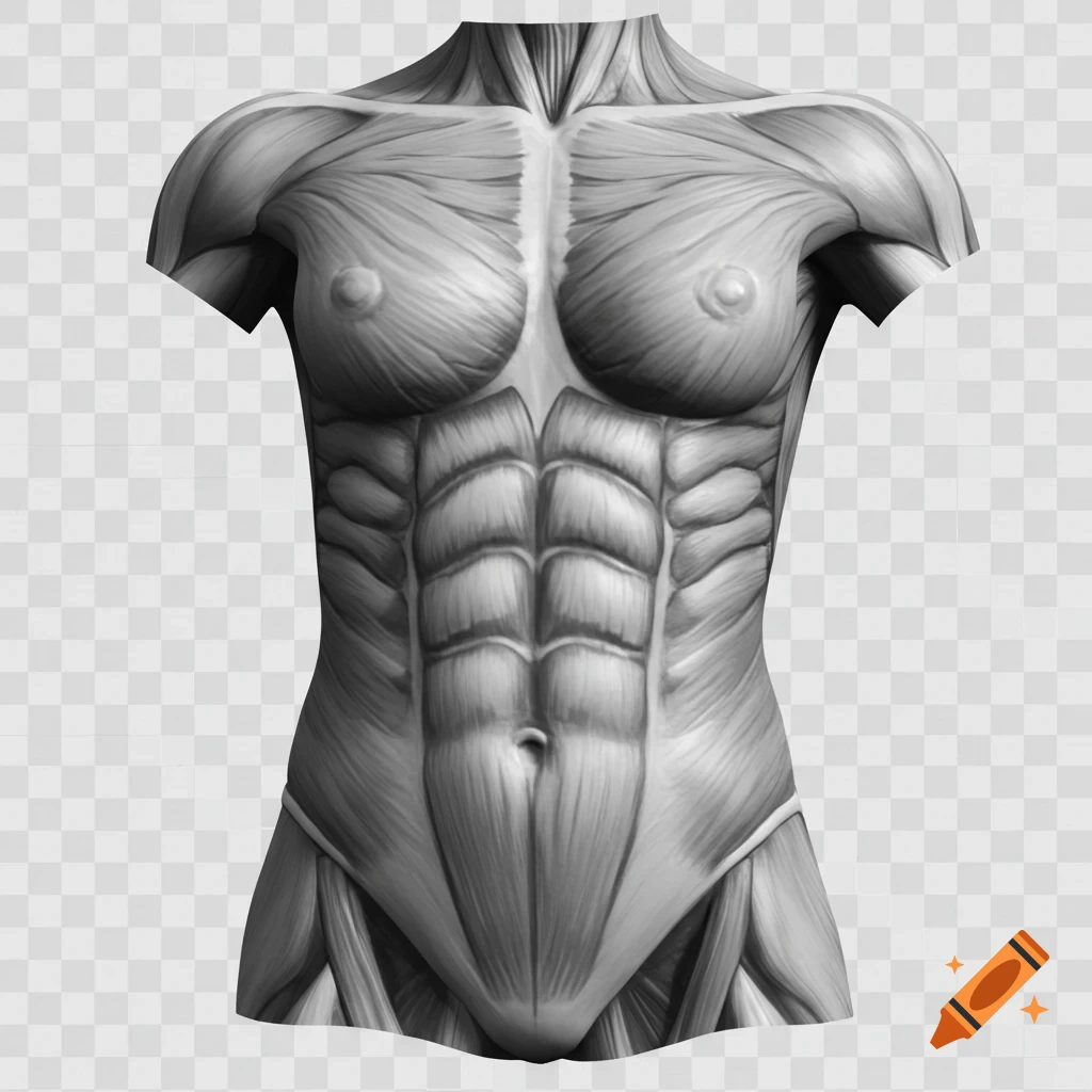 Grayscale anatomical illustration of an athletic female torso showing detailed muscle structure.