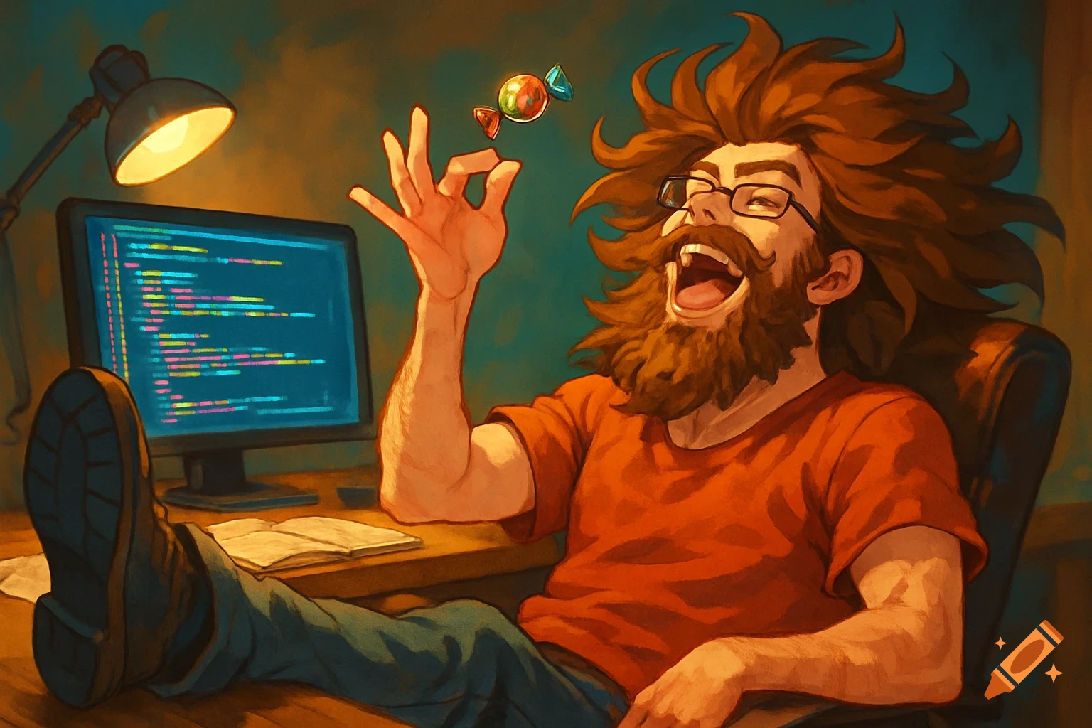 An anime-style man with wild brown hair and beard laughs while throwing candy into his mouth, sitting at a computer with code on the screen.