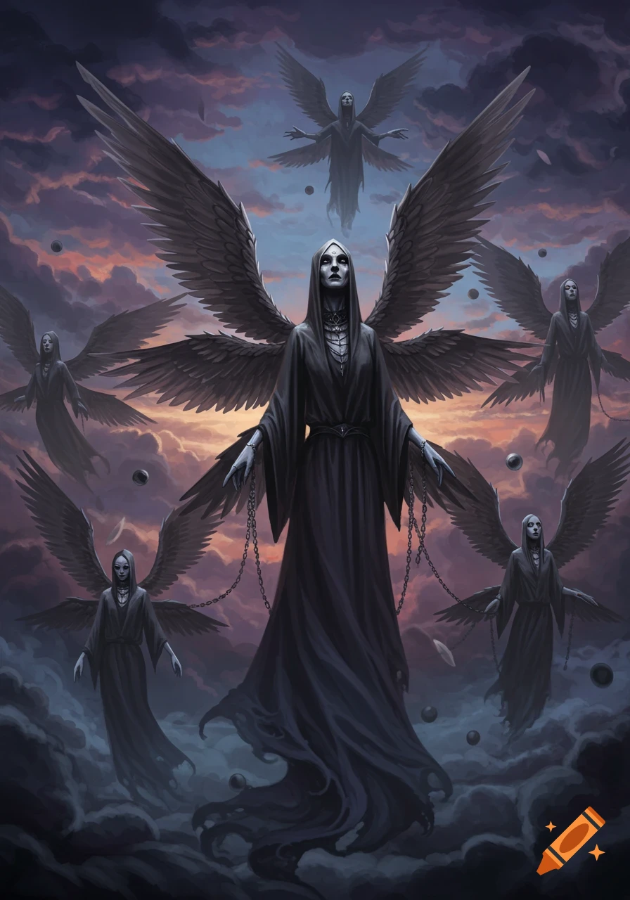 A dark fantasy illustration of a central hooded figure with large black wings, surrounded by four similar smaller figures in a cloudy, twilight sky.