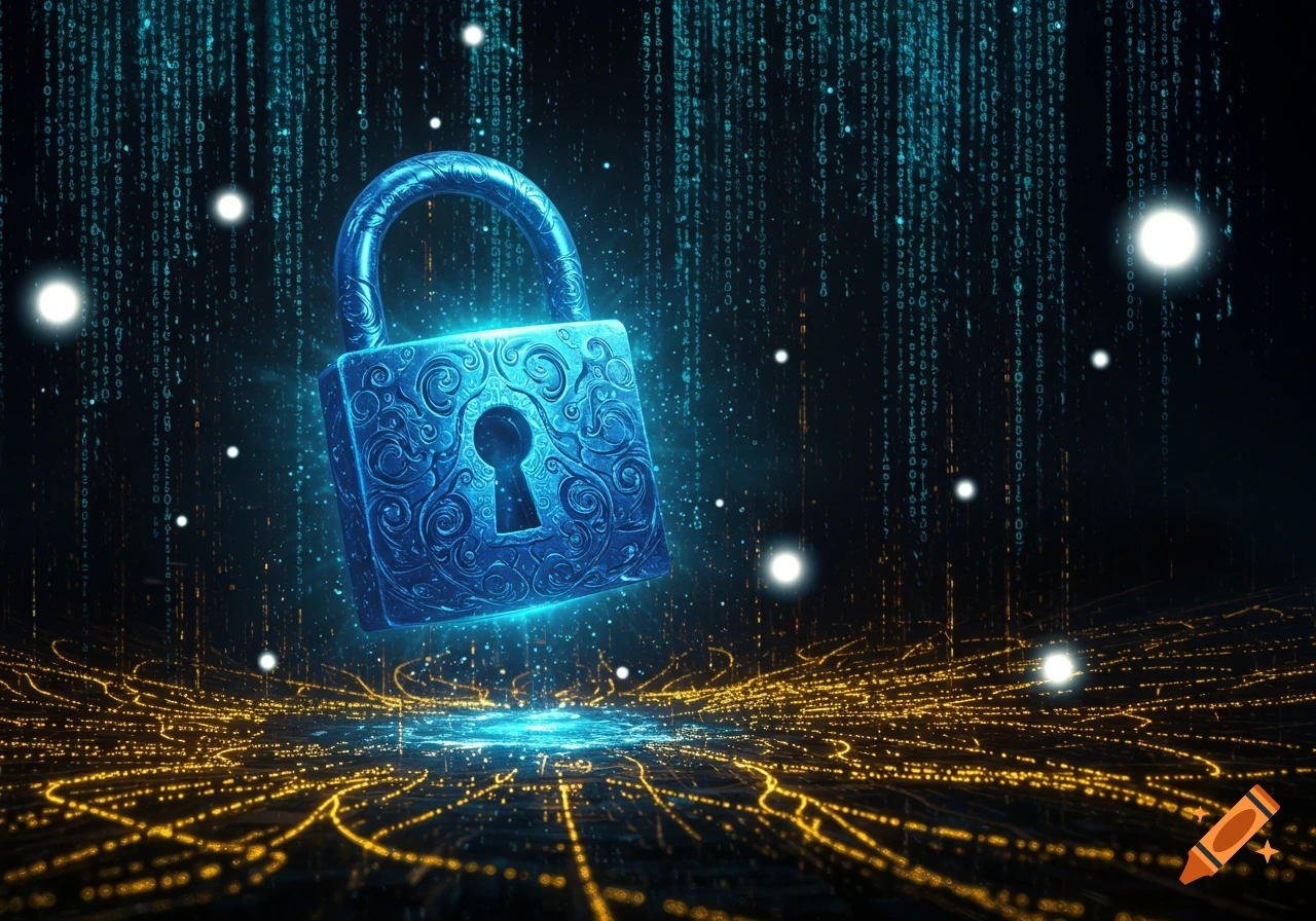 A glowing blue ornate padlock is centered against a dark background with falling blue digital code and glowing orange data lines.