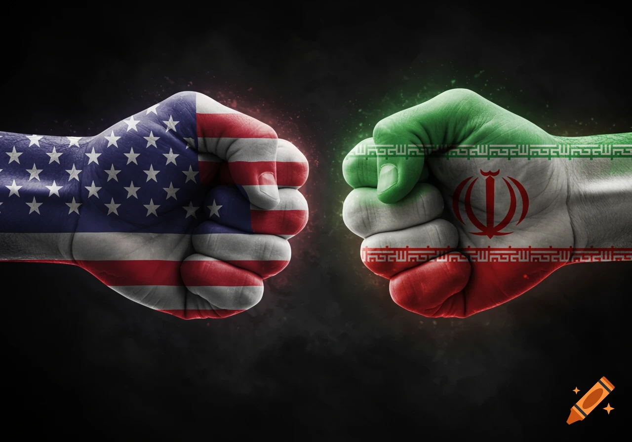 Two clenched fists, one with the US flag and one with the Iranian flag, face off on a dark background, symbolizing conflict.