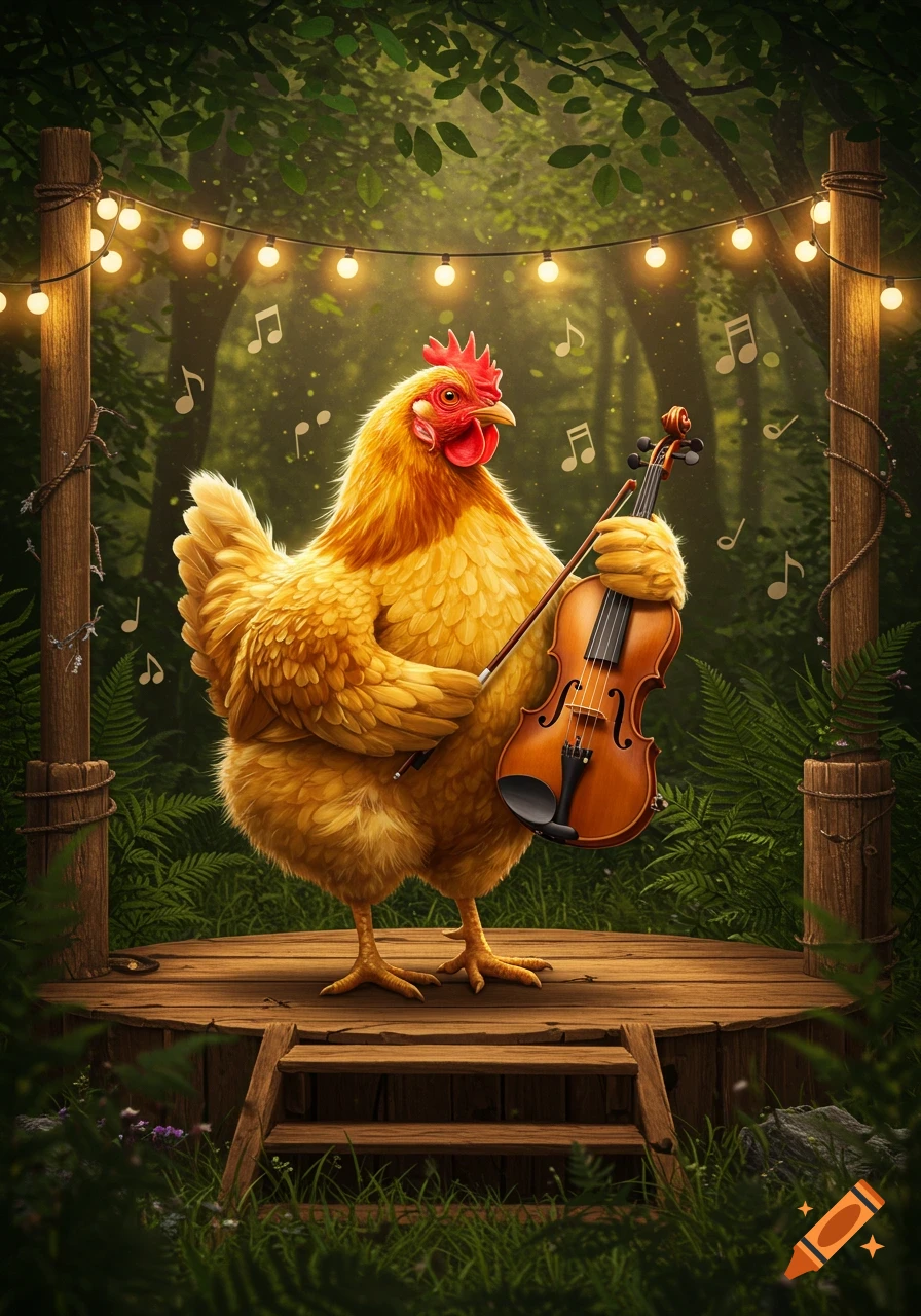 A fluffy yellow chicken stands on a rustic wooden stage in a magical forest, playing a violin under string lights with musical notes floating around.