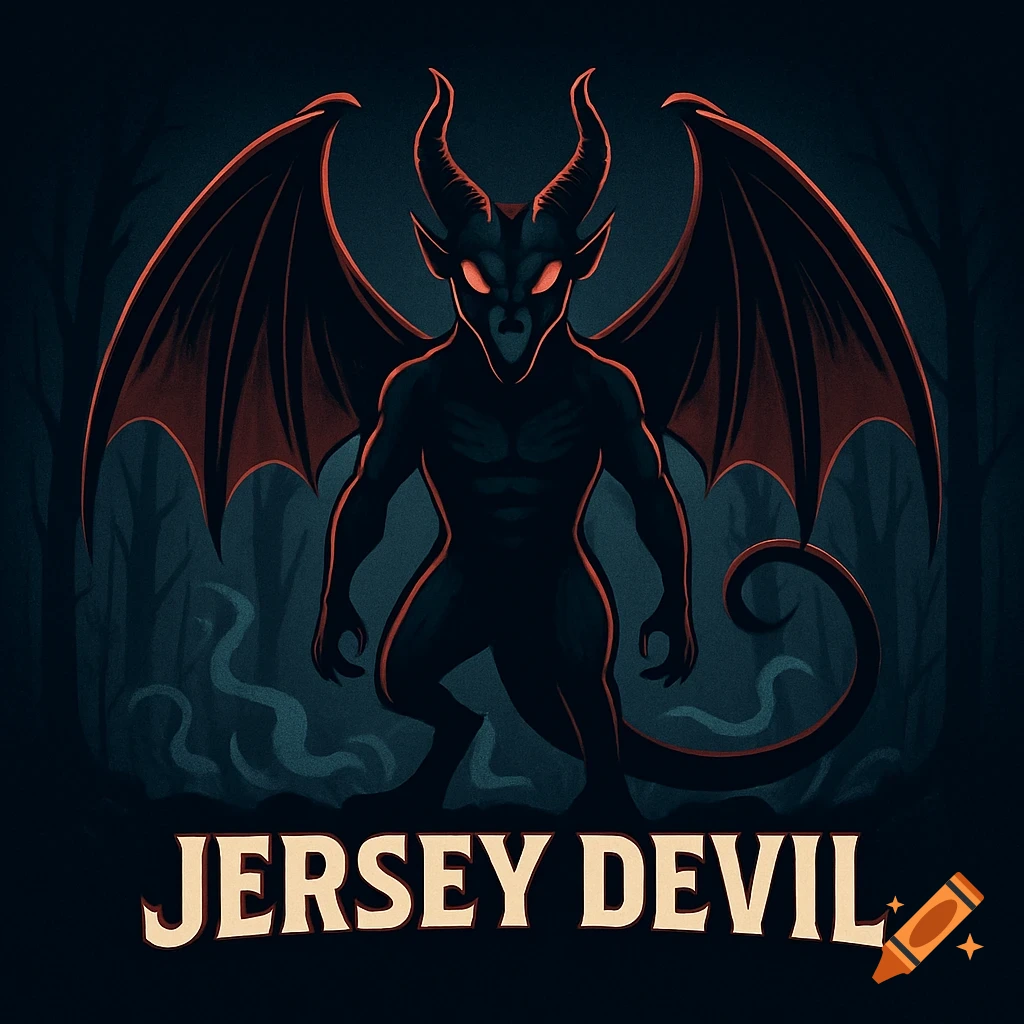 A stylized illustration of the Jersey Devil, a dark horned and winged creature with glowing red eyes, in a dim forest. Text reads "JERSEY DEVIL".