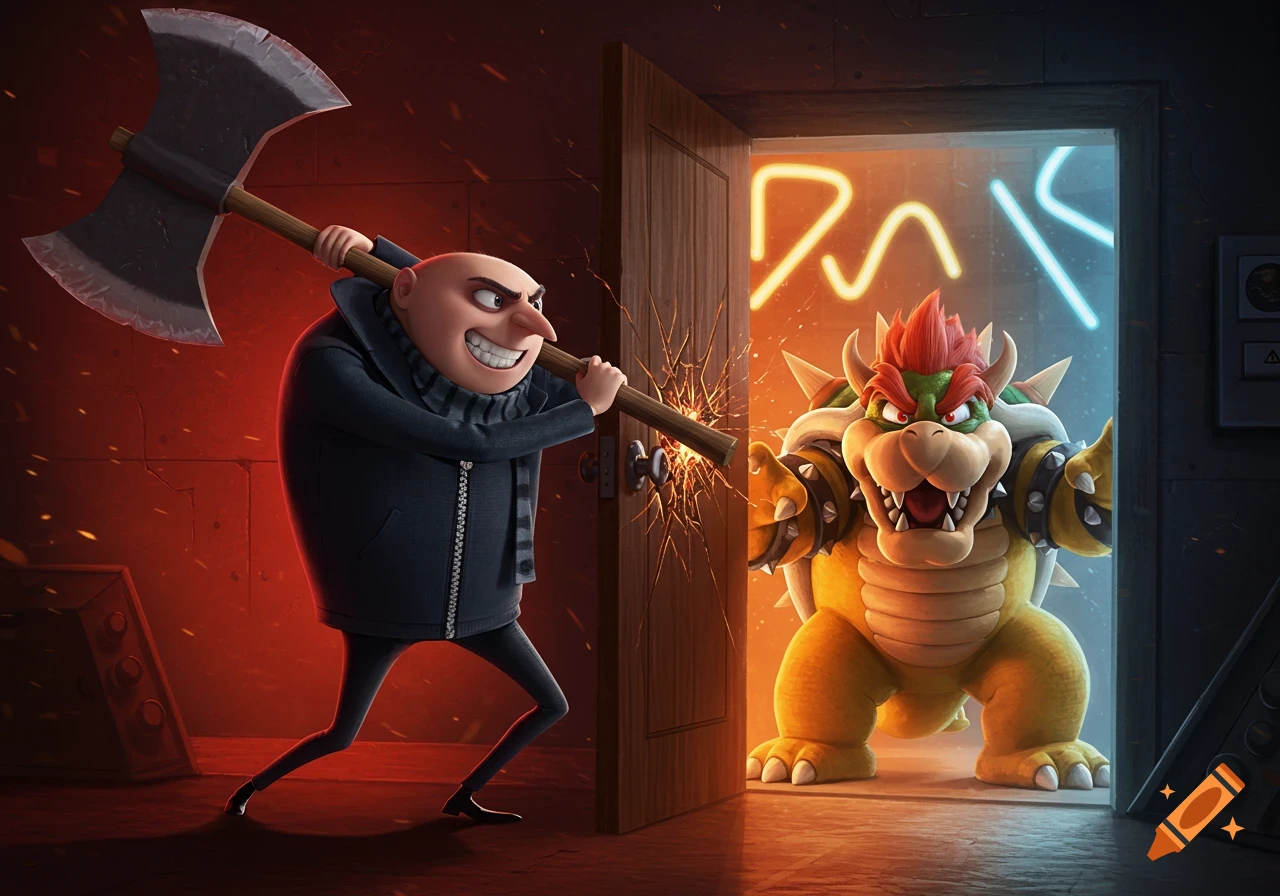 Gru wields a large axe to smash through a wooden door, smiling intensely as Bowser looks startled and angry from behind the glowing doorway.