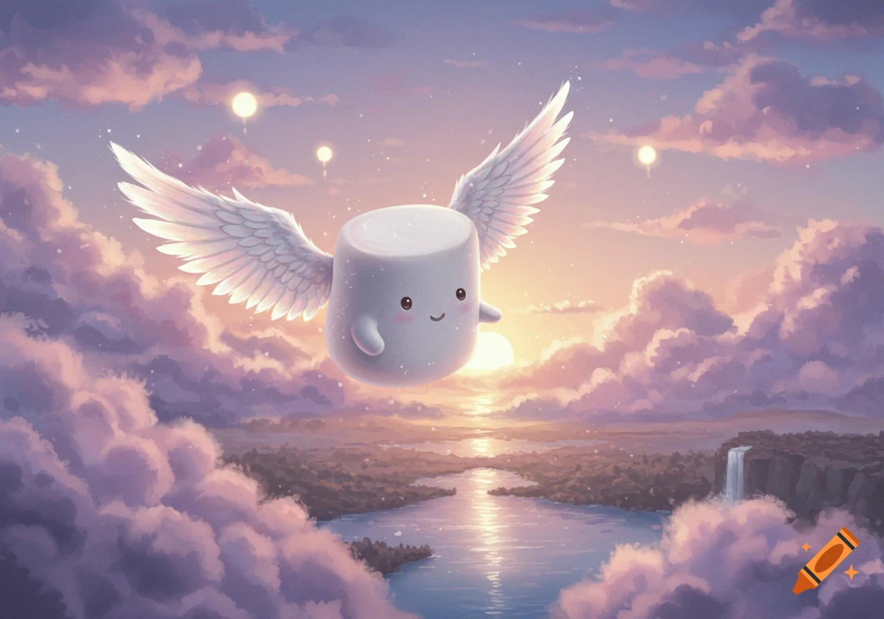An adorable marshmallow with small wings flies through a pastel pink and purple sunset sky filled with clouds above a reflective river.