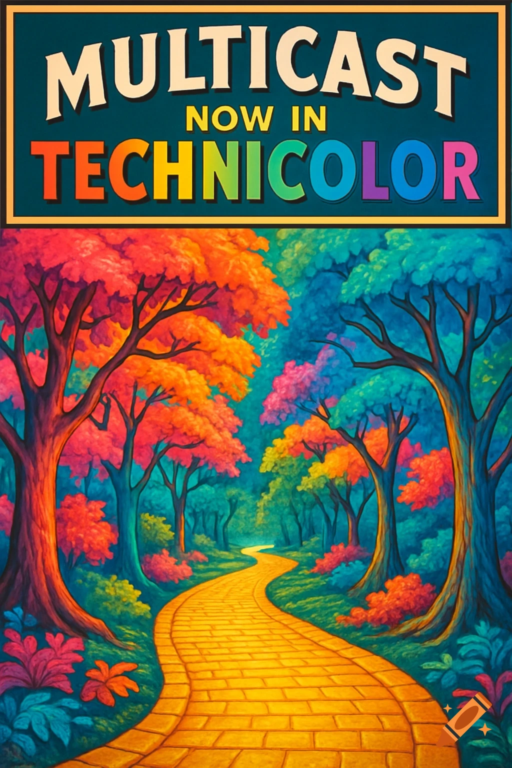 A vibrant, colorful forest with a yellow brick road winding through it, under a banner reading 'MULTICAST NOW IN TECHNICOLOR'.