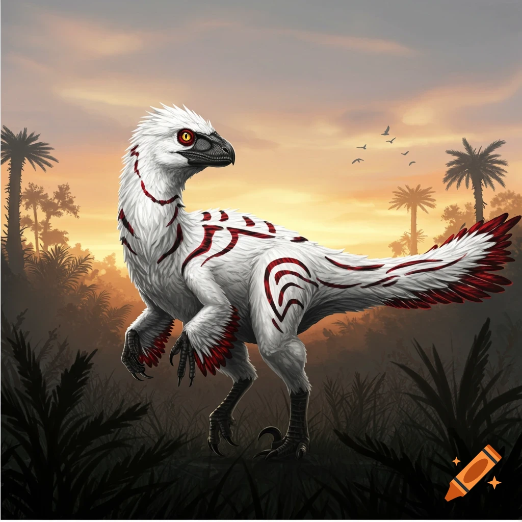 A white feathered raptor-like dinosaur with red and black patterns stands in a jungle at sunset.