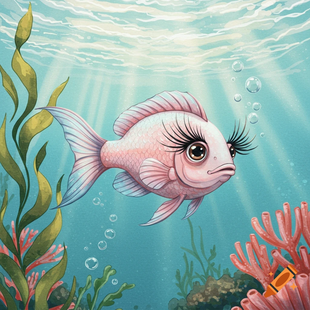 An illustration of a pink fish with long eyelashes swimming underwater amidst green seaweed and red coral.