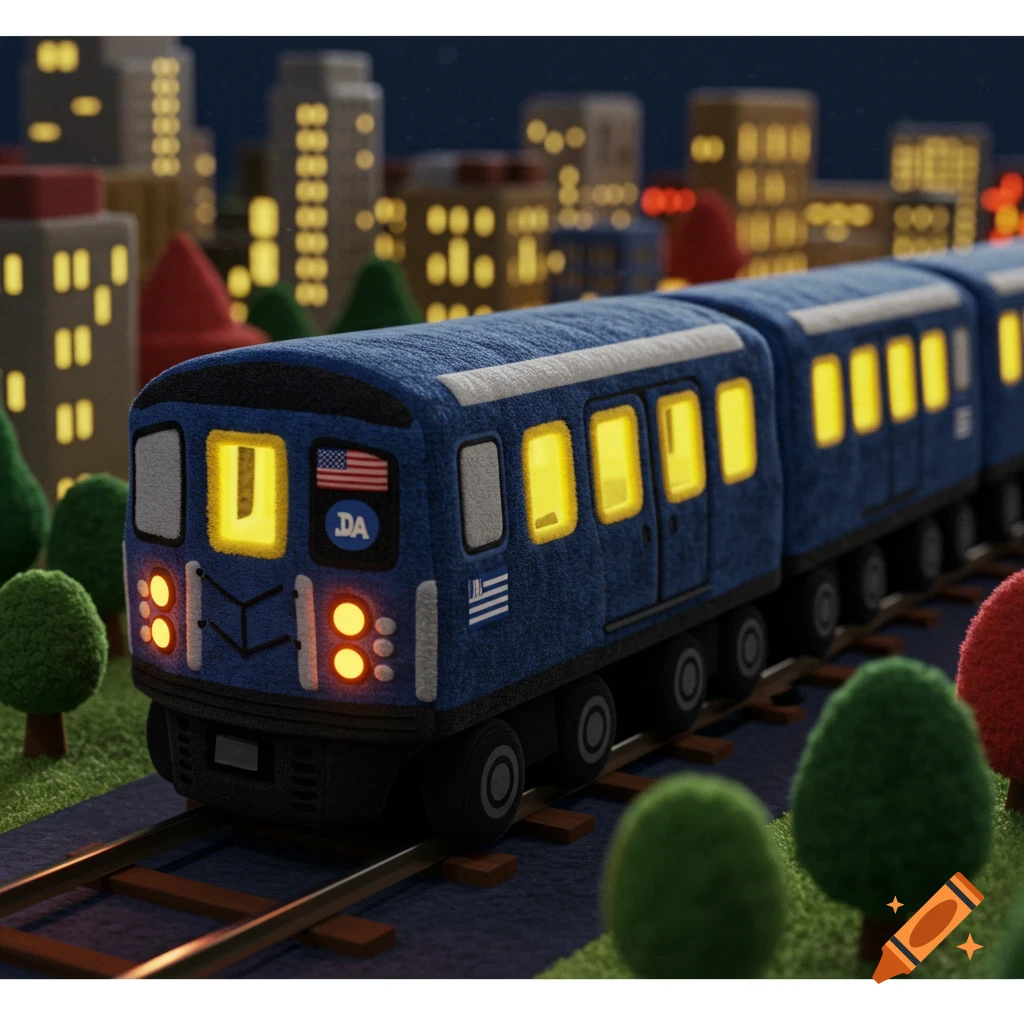 A blue plush toy train on tracks at night, surrounded by miniature trees and glowing city buildings in the background.