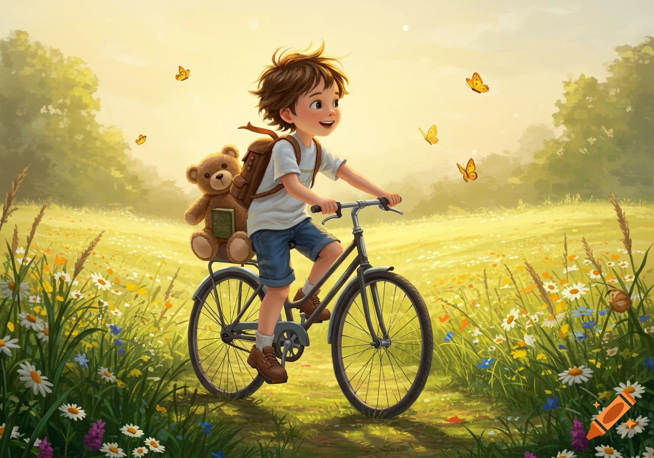 A cheerful cartoon boy on a bicycle with a teddy bear and backpack rides through a sunny meadow filled with wildflowers and butterflies.