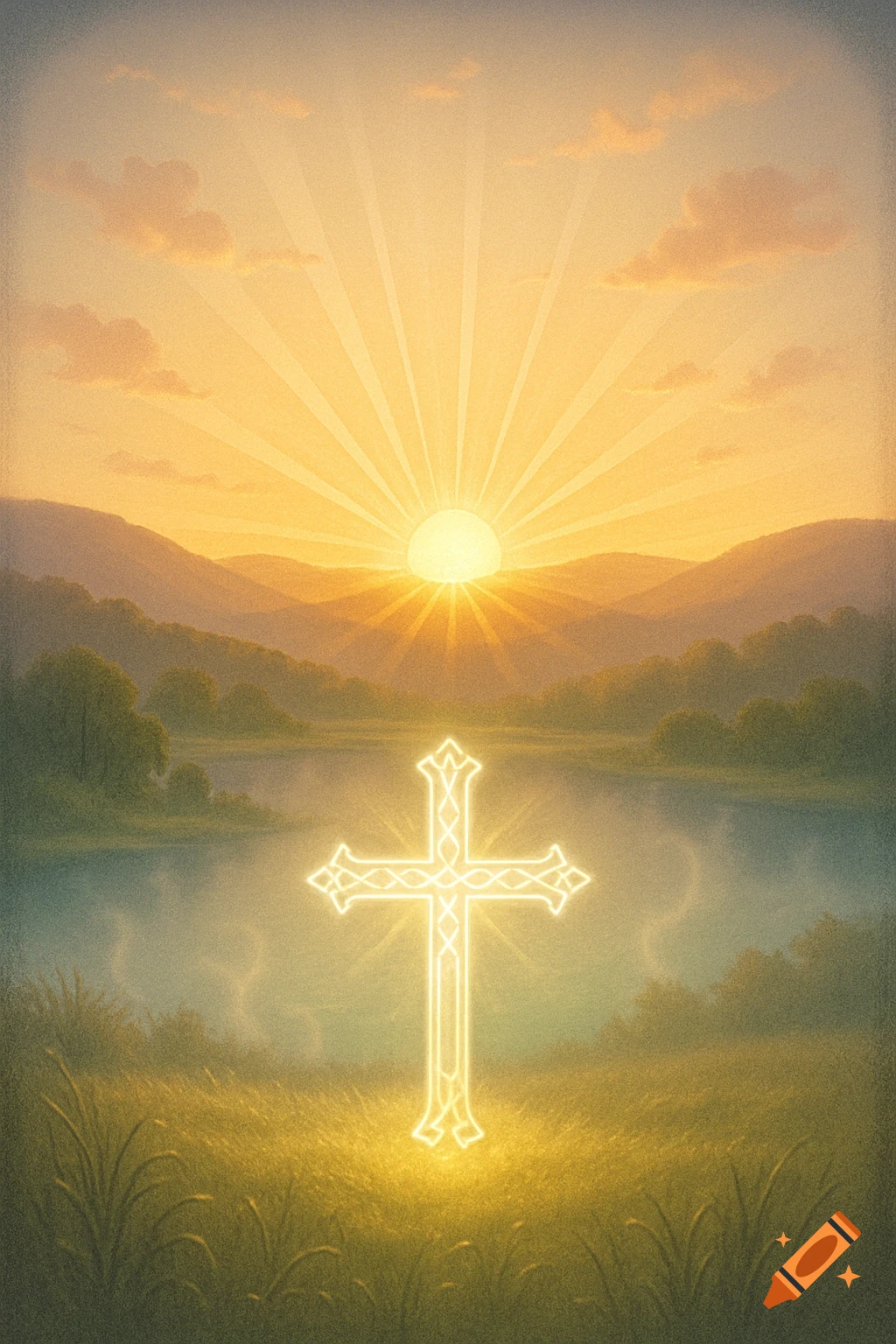 A glowing cross stands in a grassy field by a lake, with a bright sun setting over mountains in the background.