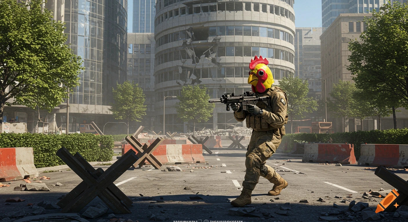 A person in a chicken mask and military gear holds a rifle in a destroyed city street with rubble and barriers, photorealistic style.