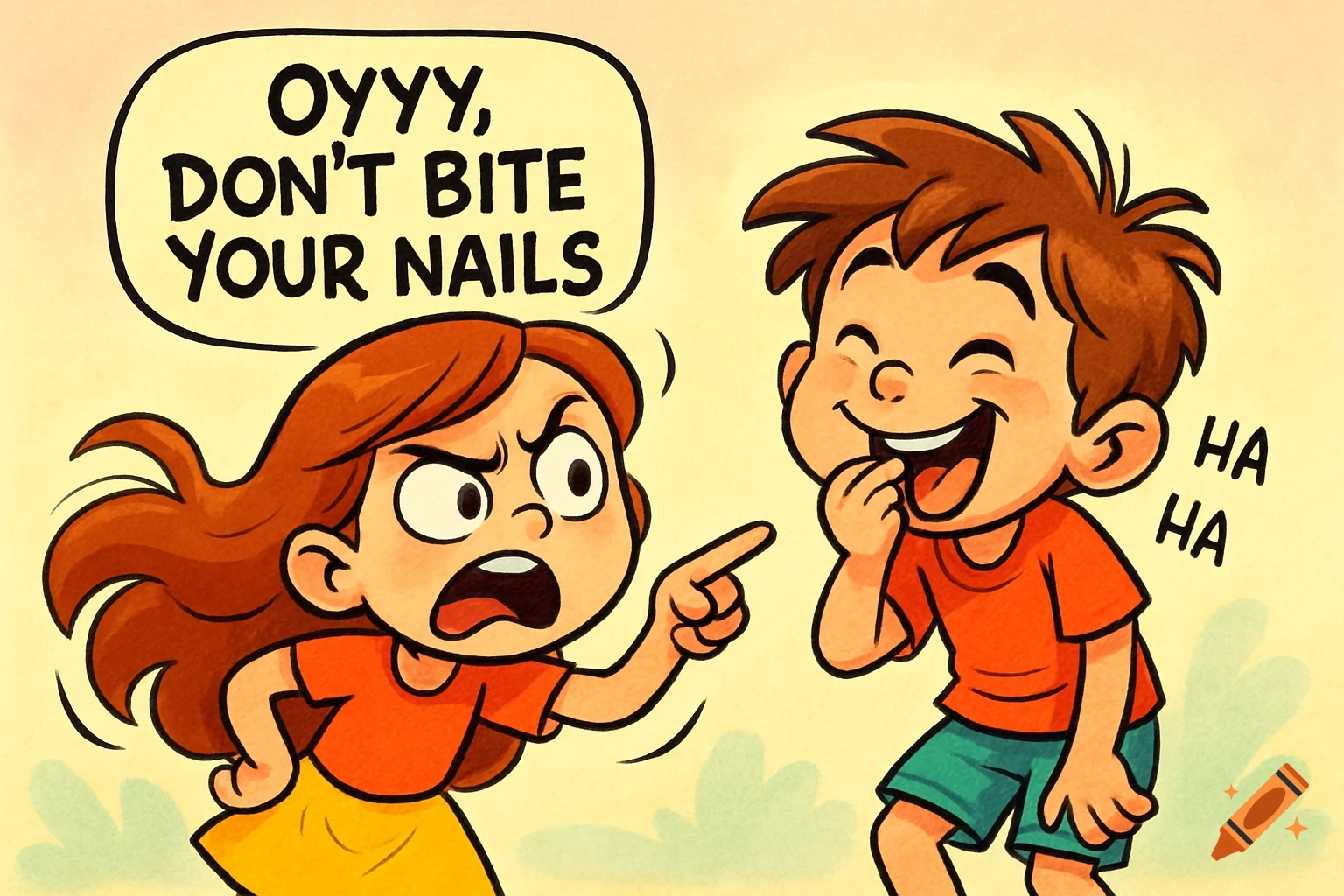 A cartoon illustration of an angry girl pointing at a laughing boy, with a speech bubble saying 'Oyyy, don't bite your nails' and 'HA HA' next to the boy.