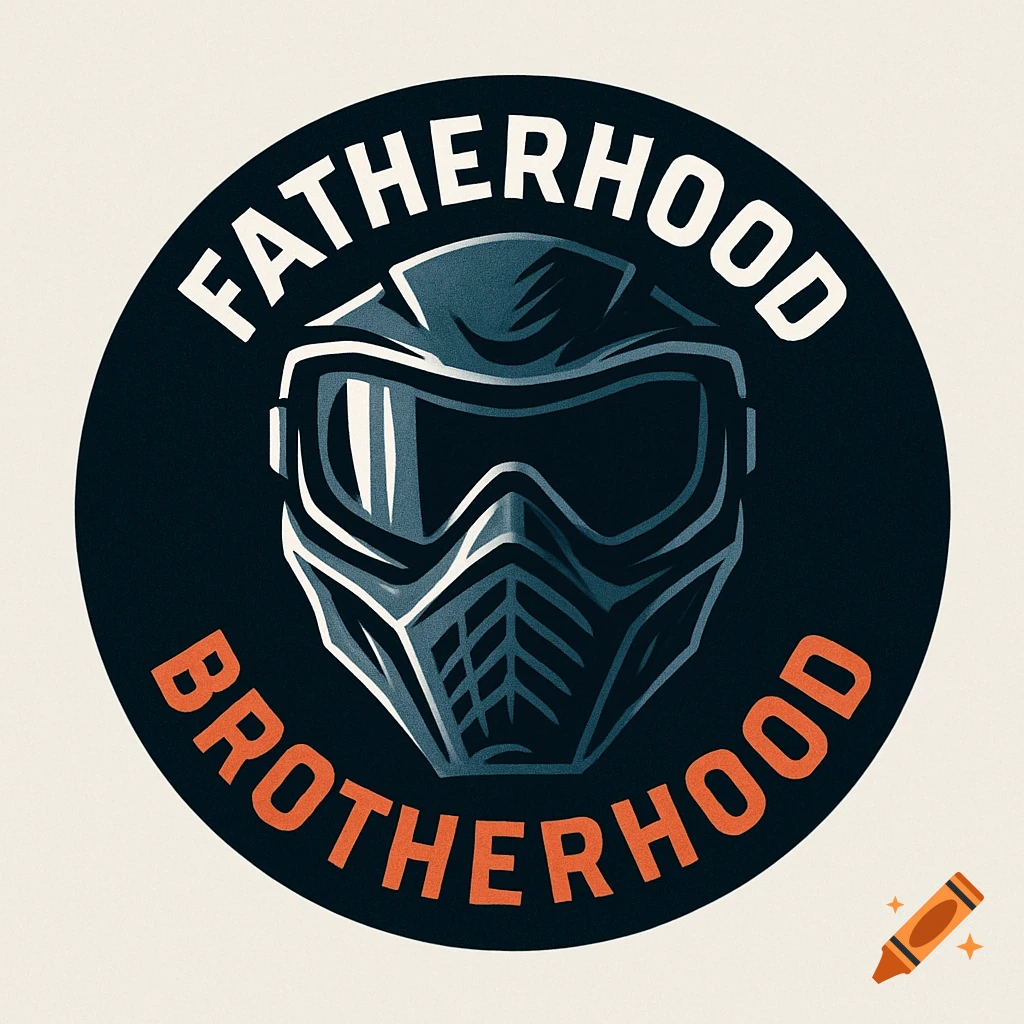 Circular logo with a dark stylized paintball mask, featuring the words 'FATHERHOOD' at the top and 'BROTHERHOOD' at the bottom.