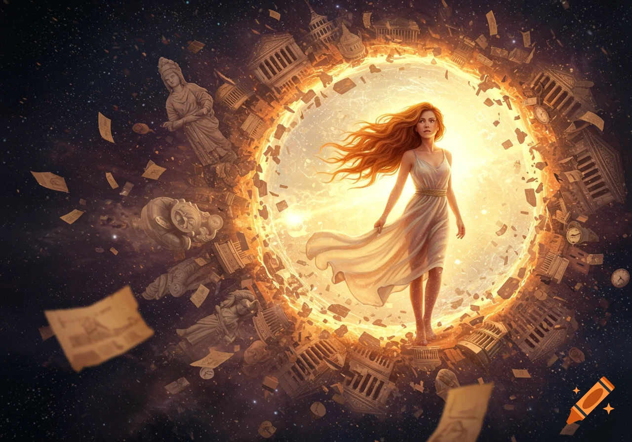 A woman with long red hair in a white dress stands in a bright, swirling time vortex. Antique statues, buildings, and papers orbit around her in space.