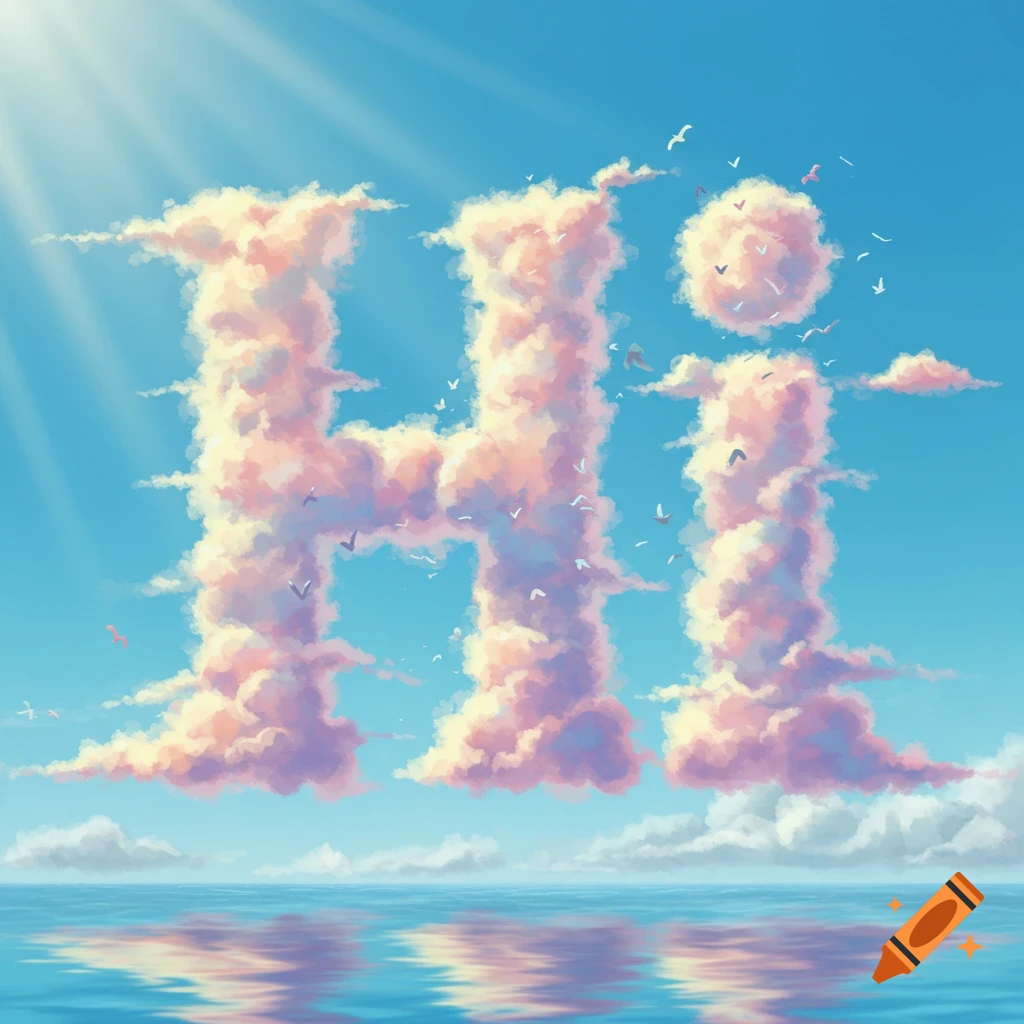 The word 'HI' formed by fluffy pink and white clouds in a bright blue sky above calm water.
