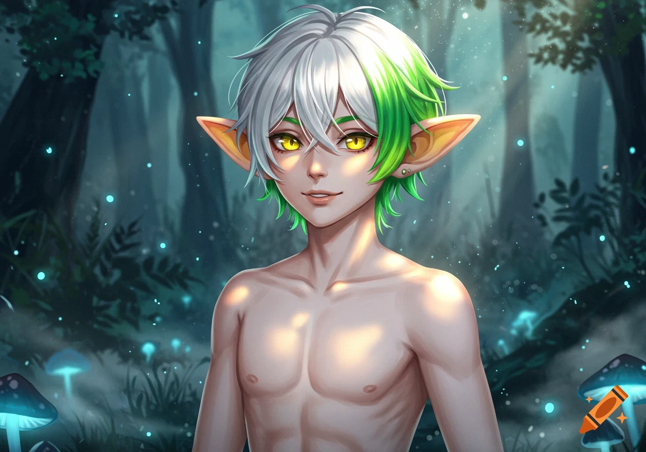 An anime male character with white and green hair, yellow eyes, and pointed ears stands shirtless in a mystical forest with glowing blue mushrooms.