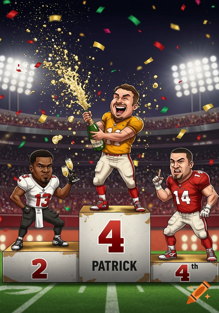 Cartoon football players celebrate on a podium in a stadium. A player on the center podium sprays champagne while two other players stand on side podiums labeled '2' and '4th'. Confetti falls.