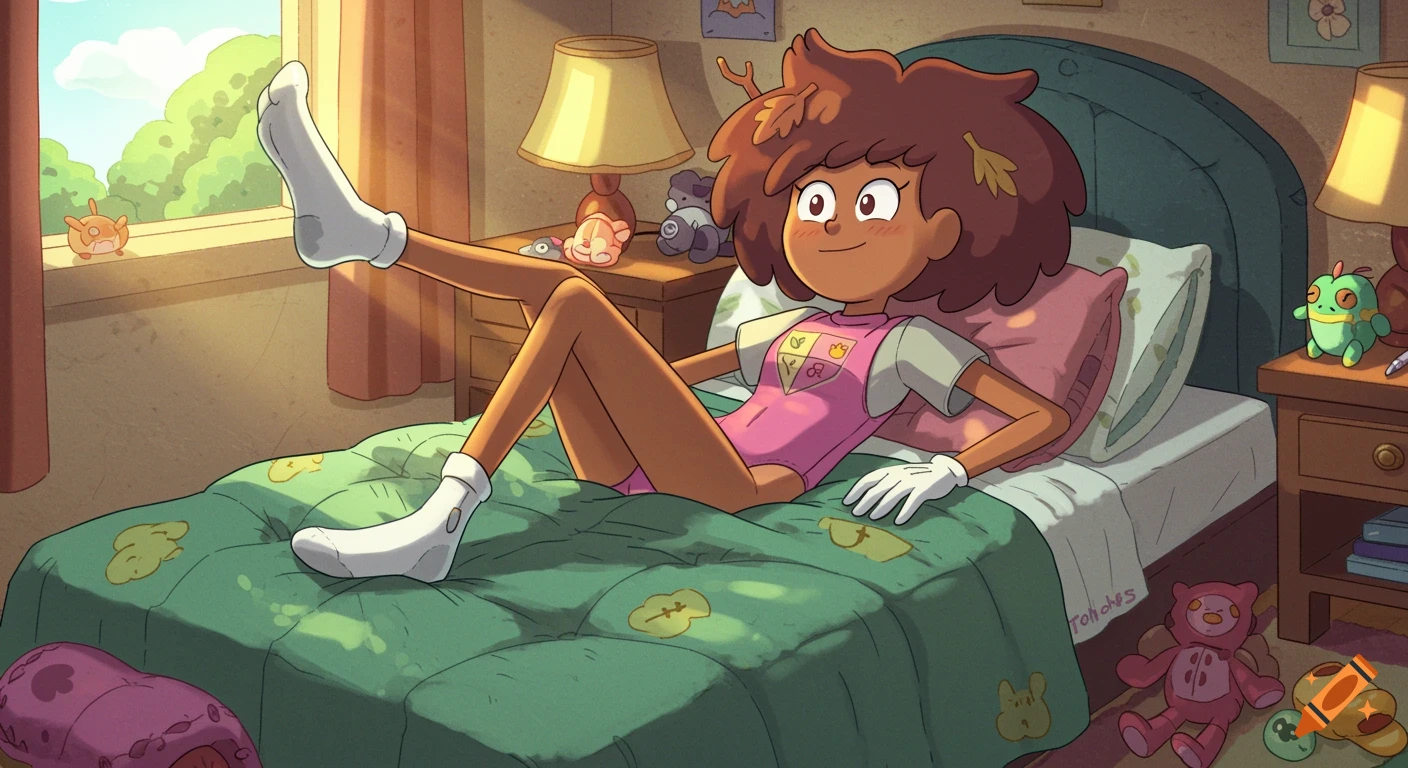 Anne Boochuy in a pink swimsuit, white gloves, and white socks, lying on a green bed in a sunlit bedroom.