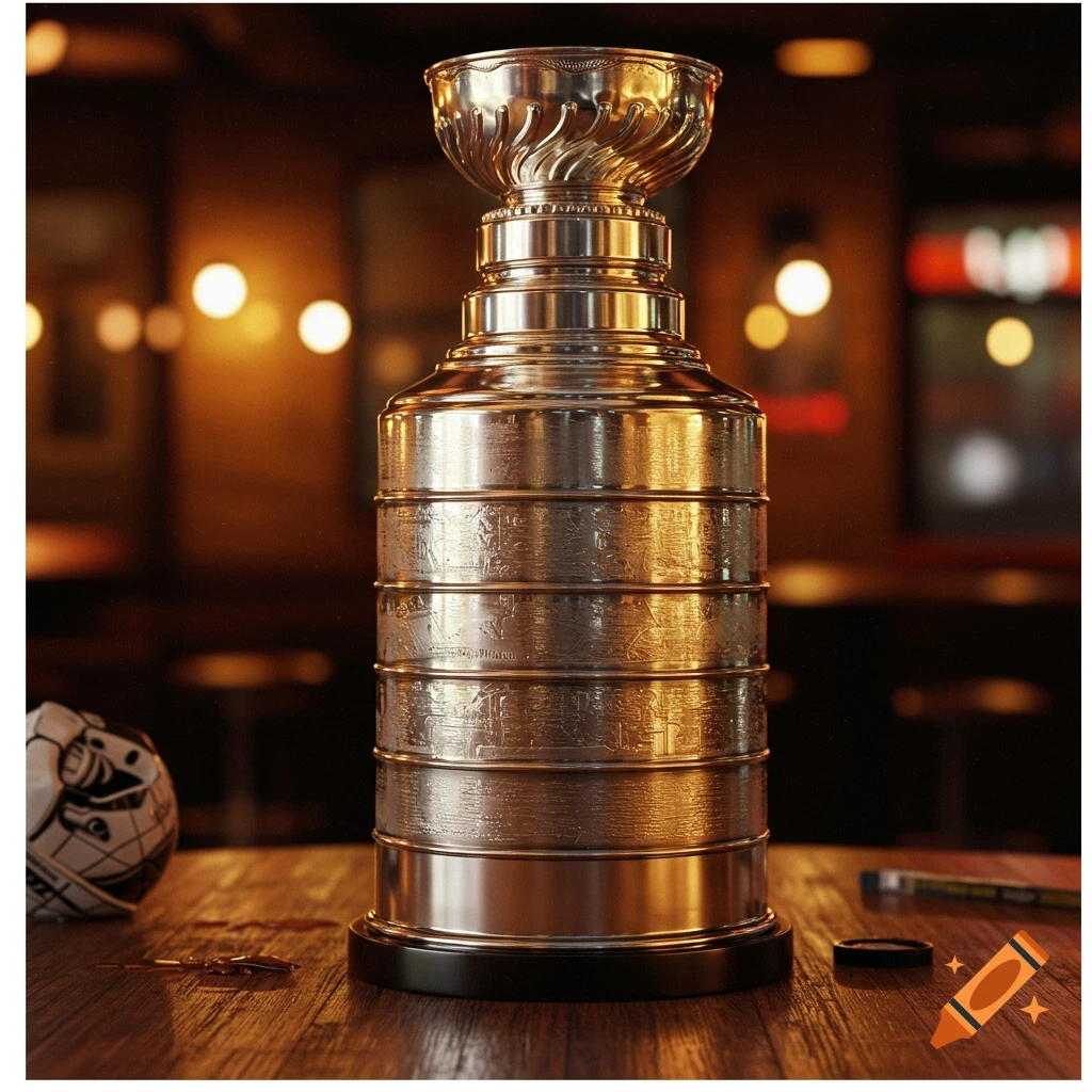 A shiny Stanley Cup trophy stands on a wooden table in a dimly lit bar, with bokeh lights in the background.