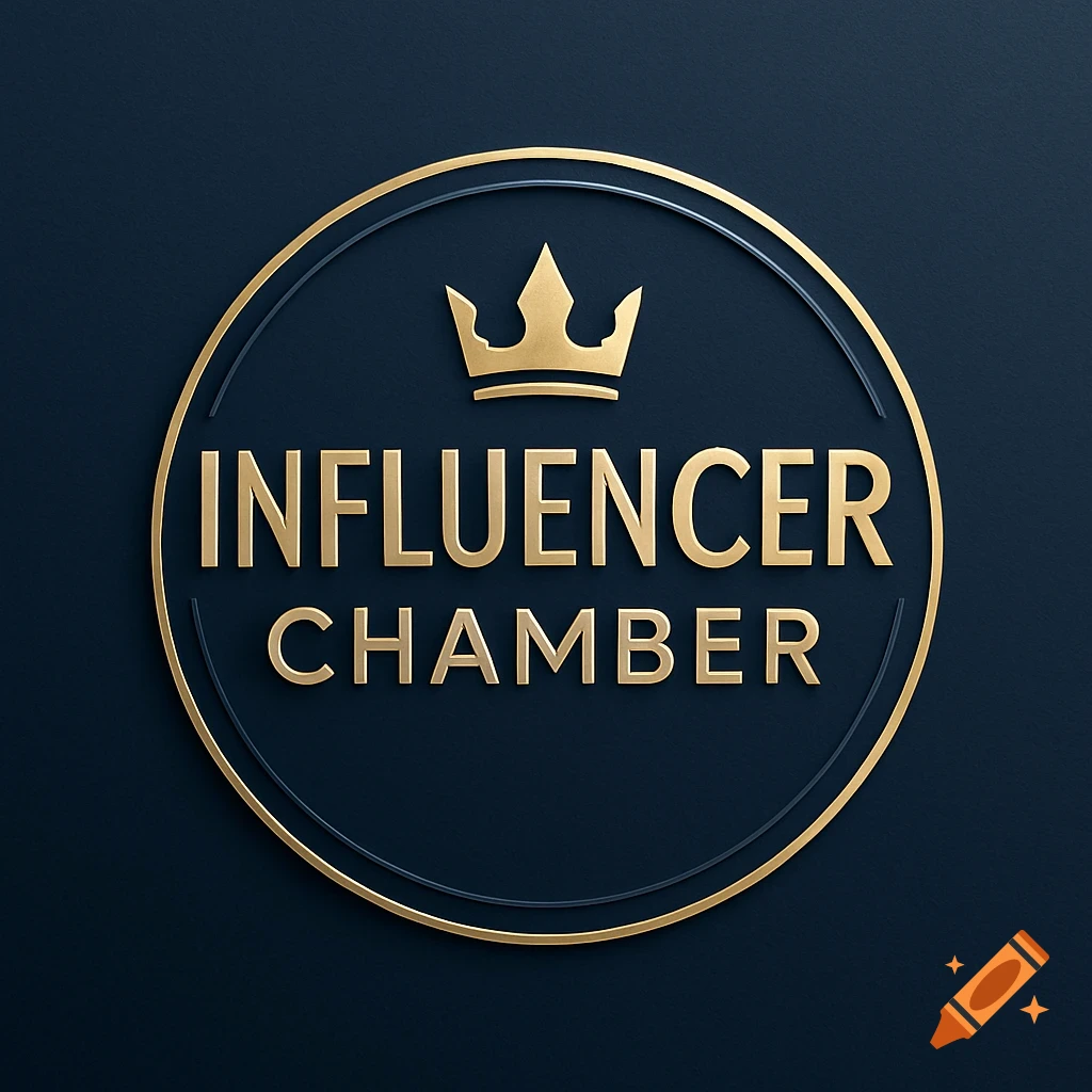 A gold logo with a crown icon and the words 'INFLUENCER CHAMBER' inside a circle on a dark blue background.