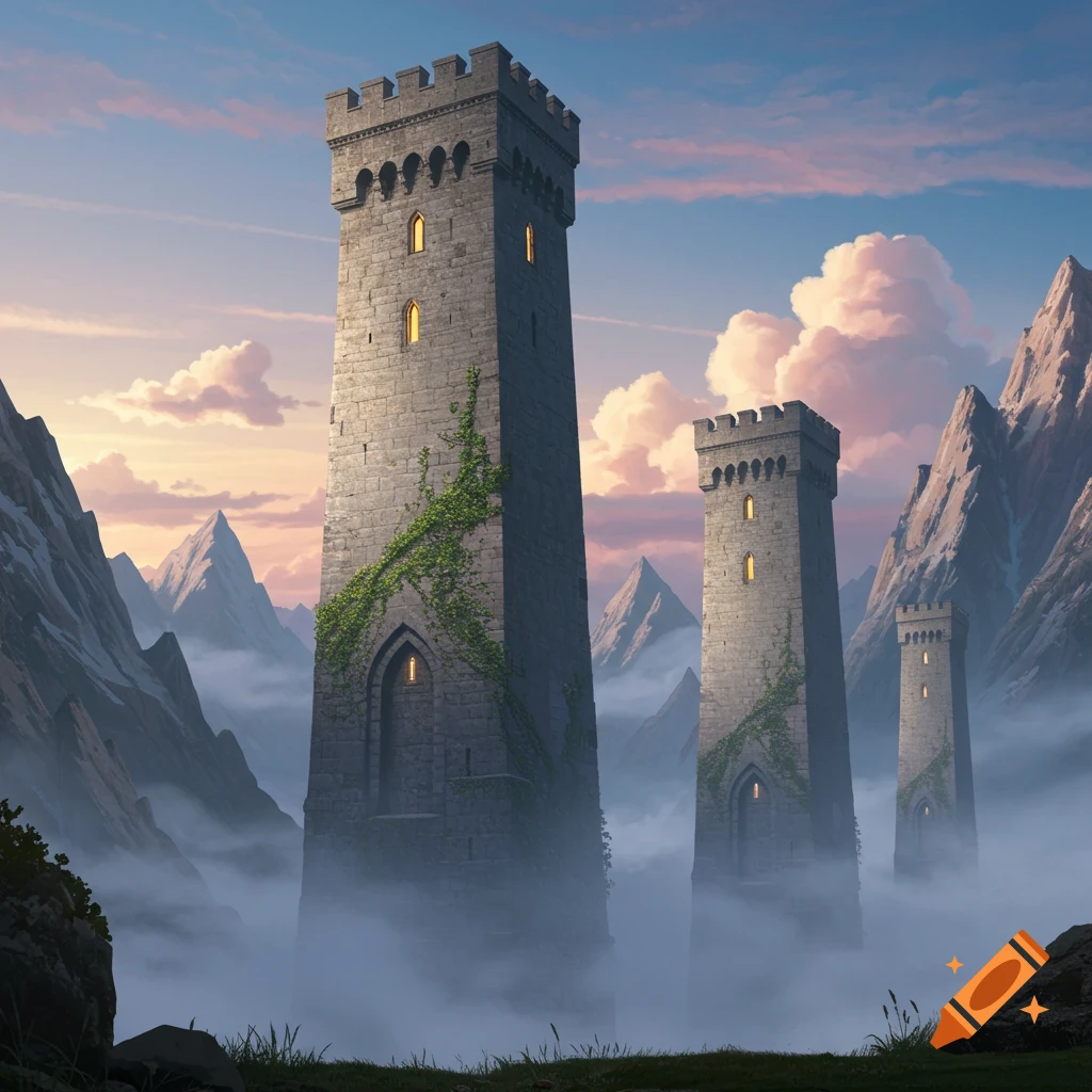 Three tall stone towers rise from mist among mountains at sunset, with light in their windows.