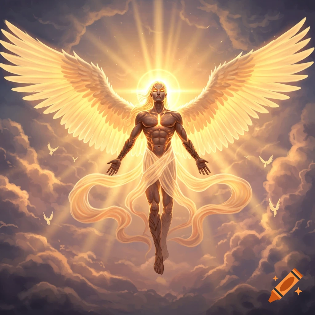 A powerful archangel with glowing eyes and large golden wings, emanating light, floats in a cloudy sky with birds.