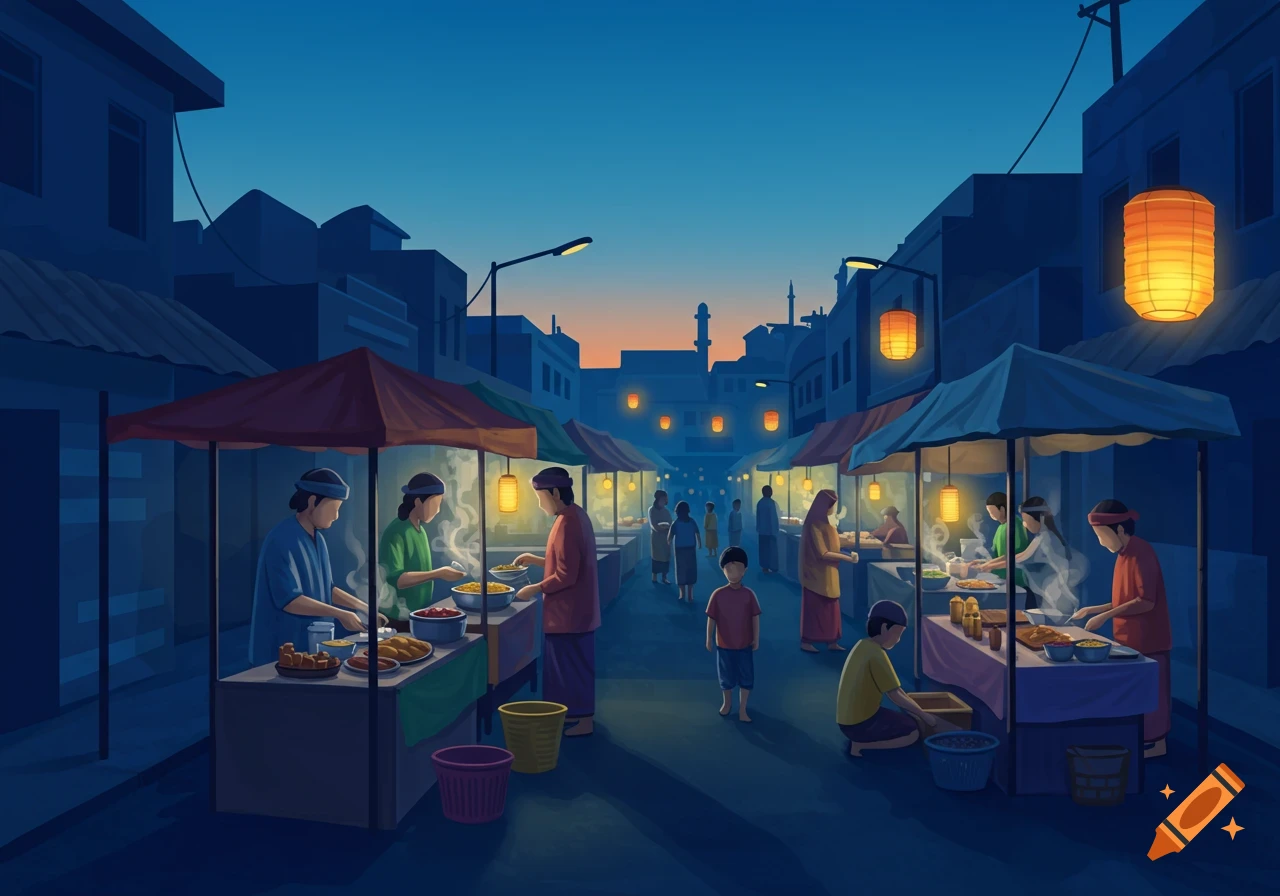 An illustration of a vibrant night market street with people at food stalls under glowing lanterns and a dark blue sky.