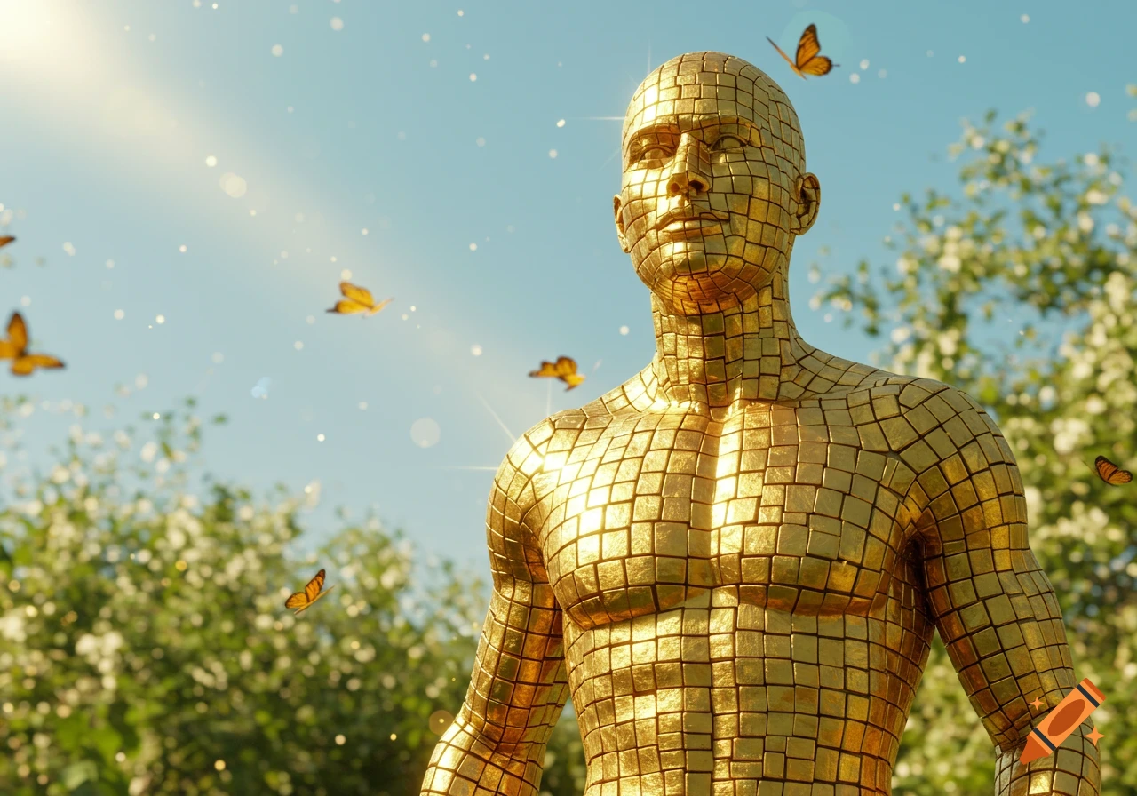 Close-up of a golden, tiled human figure looking upwards in a bright outdoor scene with butterflies and sunbeams.
