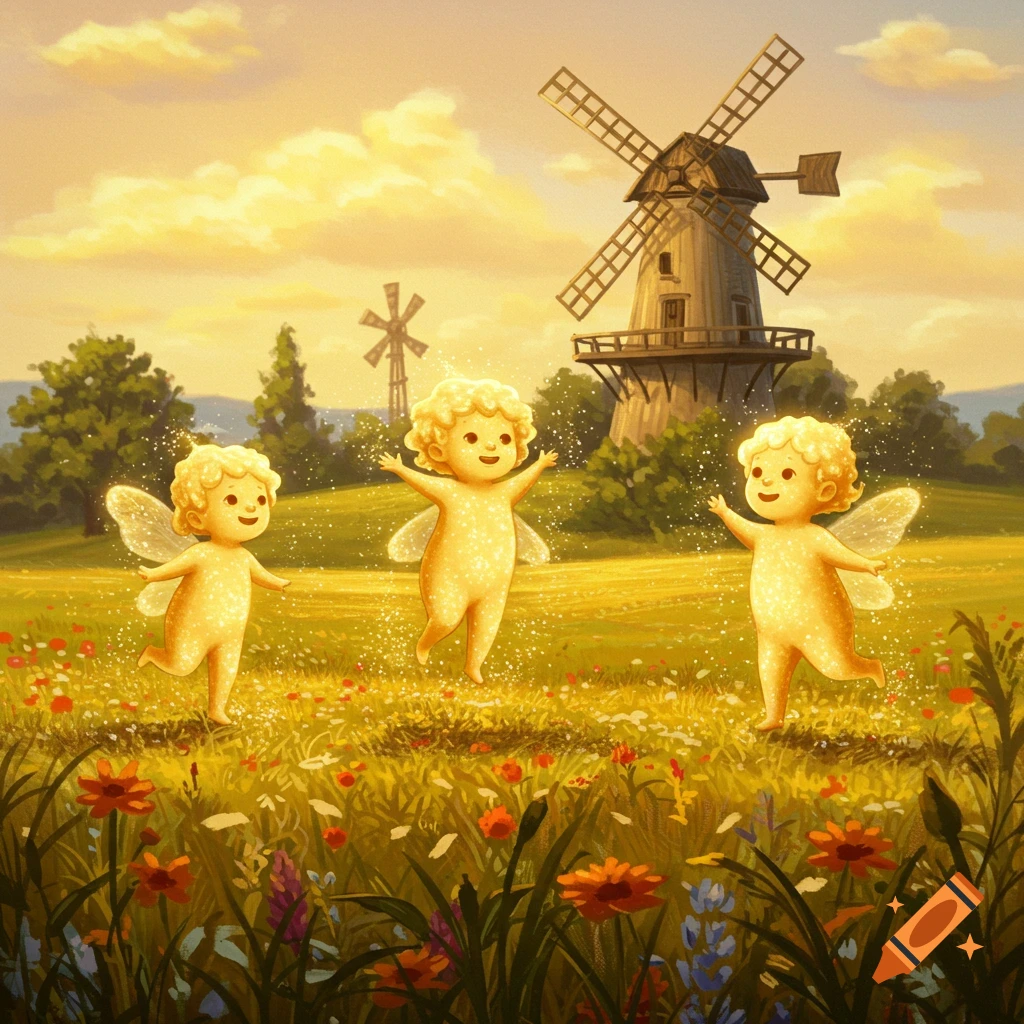 Three golden, sparkling fairy children play in a vibrant flower field with windmills under a warm sky in an illustrative style.