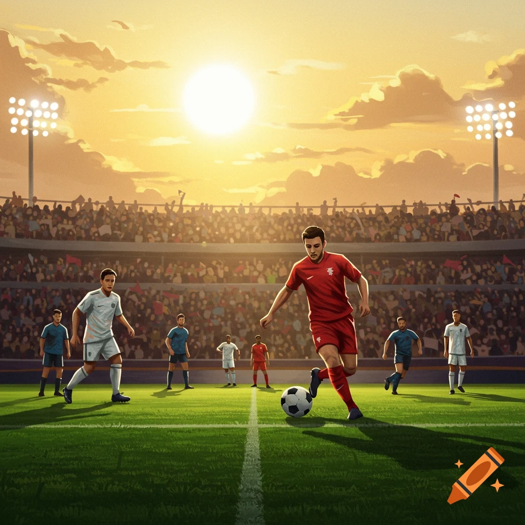 Soccer players on a field in a stadium at sunset, with one player dribbling the ball.
