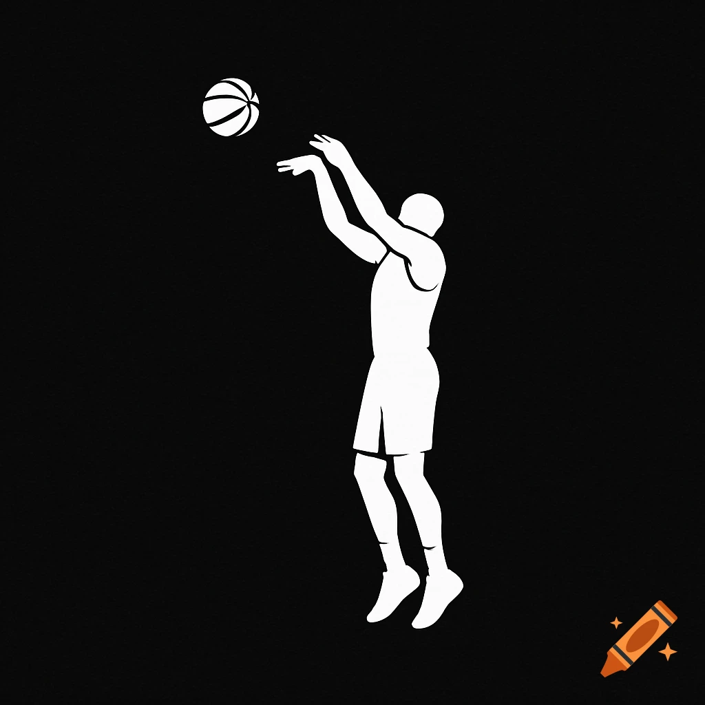 A white silhouette of a basketball player shooting a ball to the left against a black background.