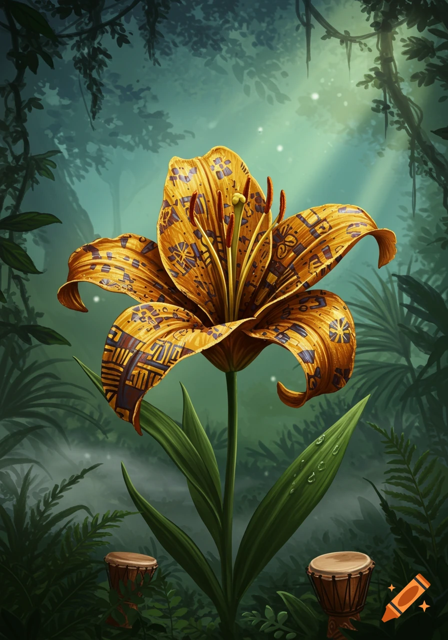A stylized golden lily with geometric patterns on its petals in a lush, misty jungle with two drums.