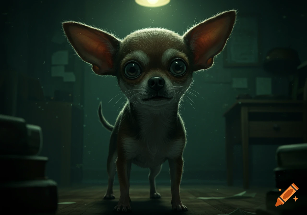 A wide-eyed chihuahua with big ears stands in a dark, eerie room.
