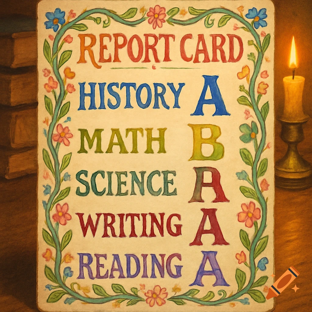A stylized report card with a floral border, showing grades: History A, Math B, Science A, Writing A, Reading A. Books are stacked in the background next to a lit candle.