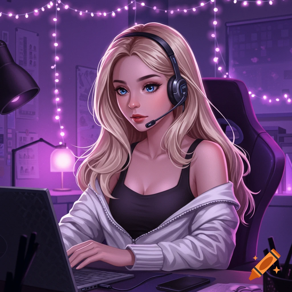 Illustration of a blonde woman with a headset on, sitting at a laptop in a purple-lit room.