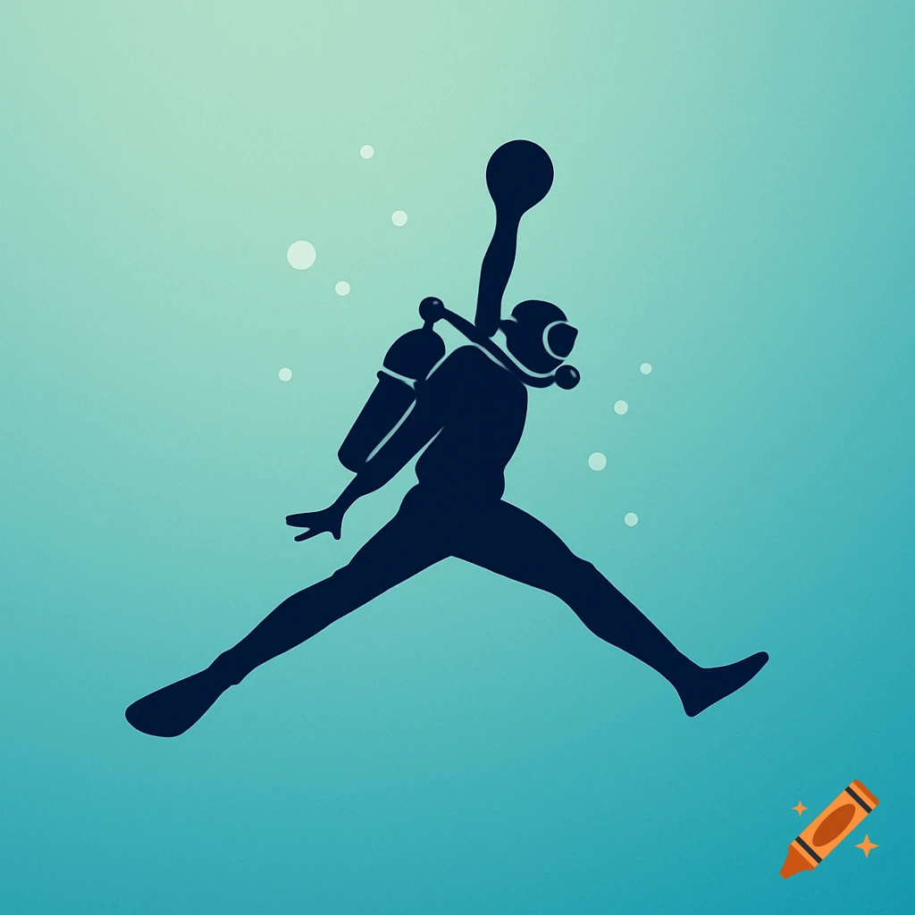 Silhouette logo of a scuba diver in the Jordan Jumpman pose against a blue underwater background with bubbles.