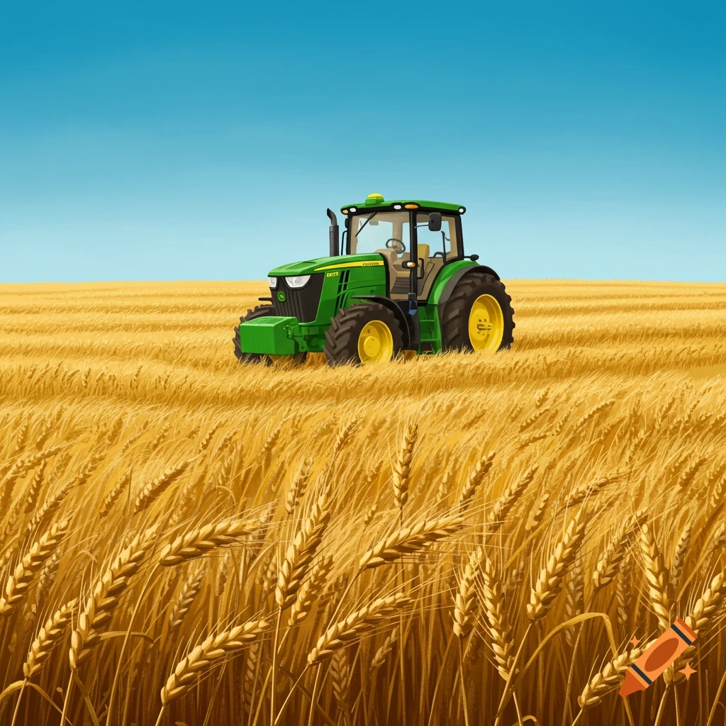 A green tractor sits in a vast golden wheat field under a clear blue sky.