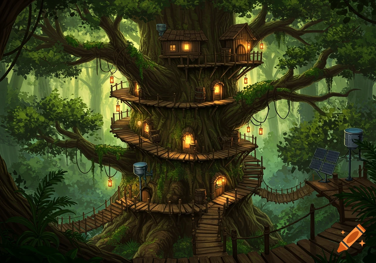 A detailed fantasy illustration of a giant tree with multiple wooden treehouses, winding stairs, and rope bridges in a lush green forest.