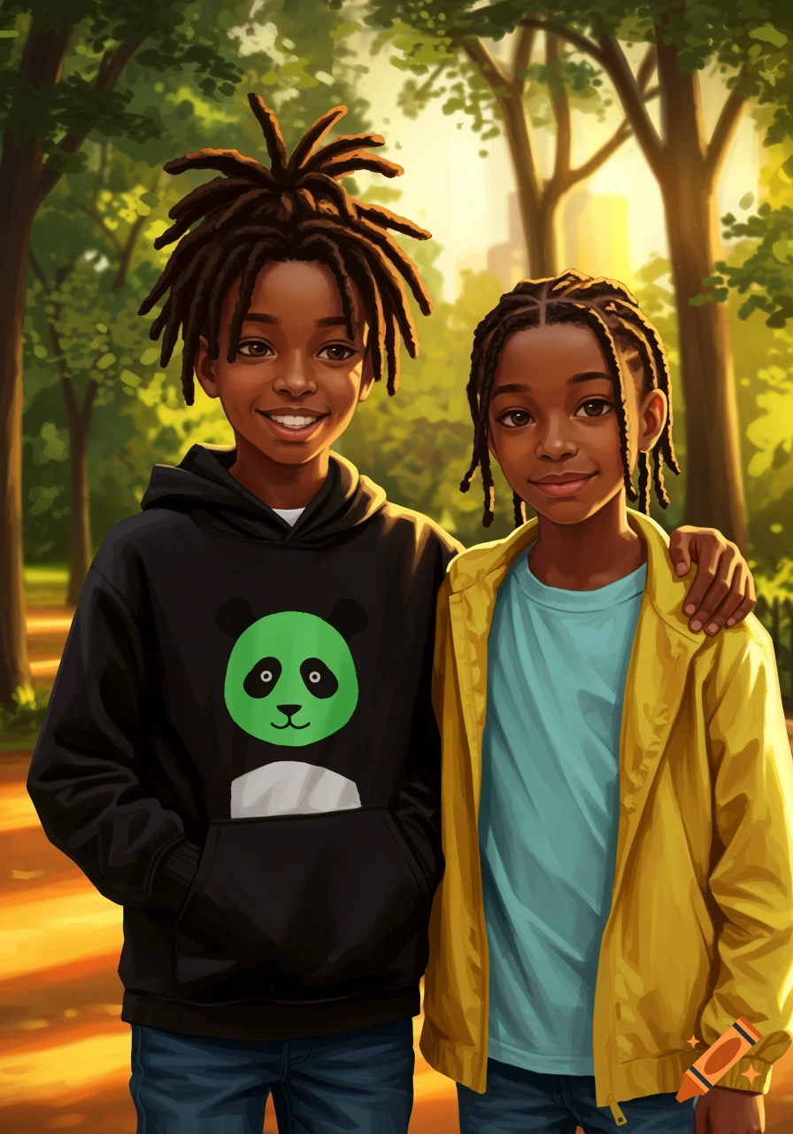 Two young Black boys in an illustrative style. One with dreadlocks wears a black hoodie with a green panda logo. The other with braids wears a yellow jacket over a light blue shirt. They stand smiling in a sunny, tree-lined park.