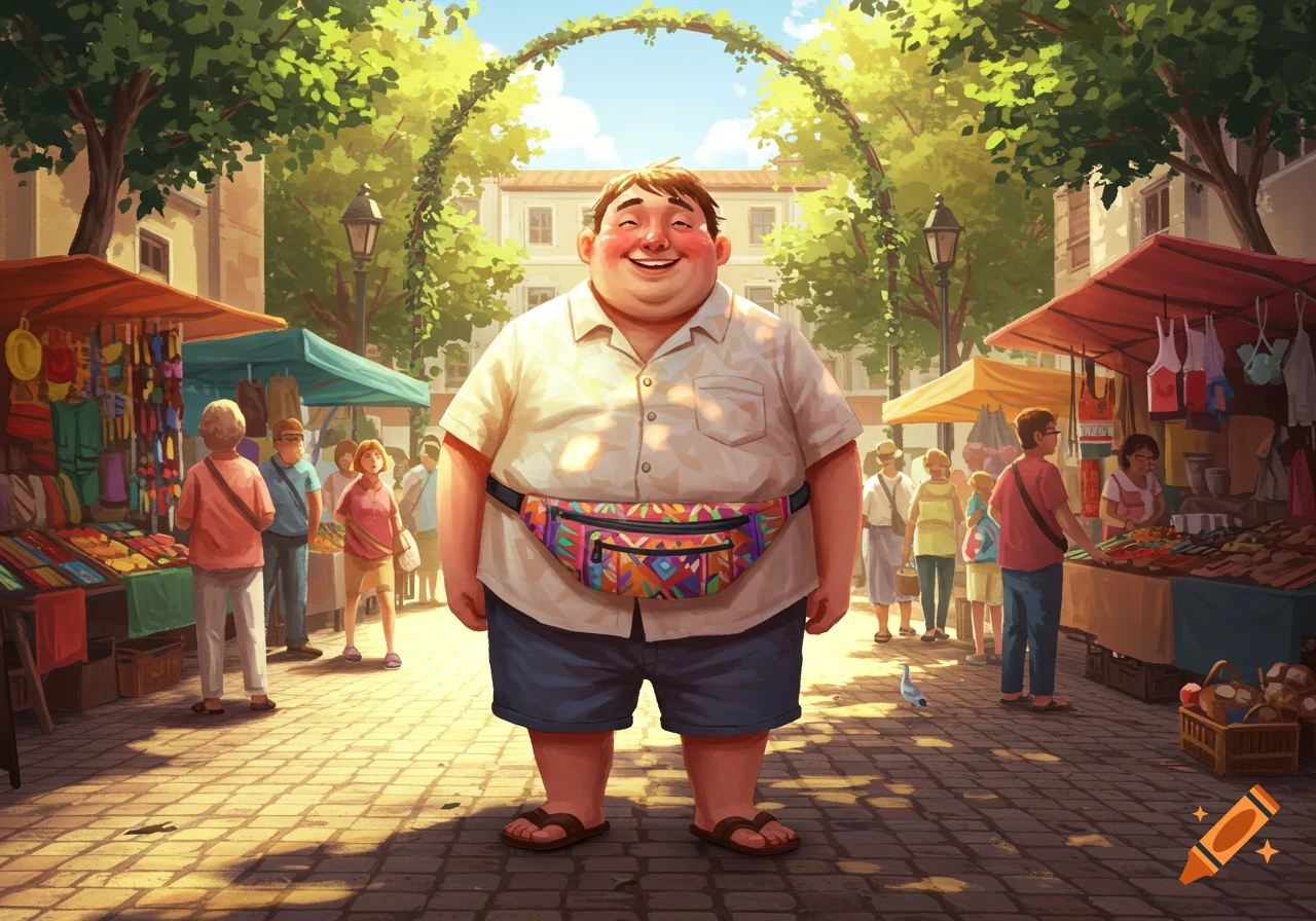 An illustration of a large, smiling man wearing a colorful fanny pack in a busy outdoor market.