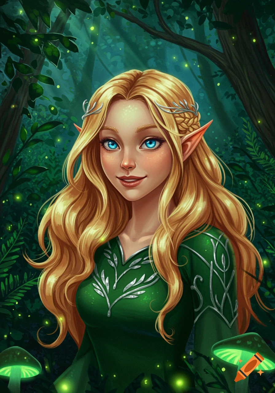 A blonde elf maiden with bright blue eyes smiles in a green forest, digital art style.