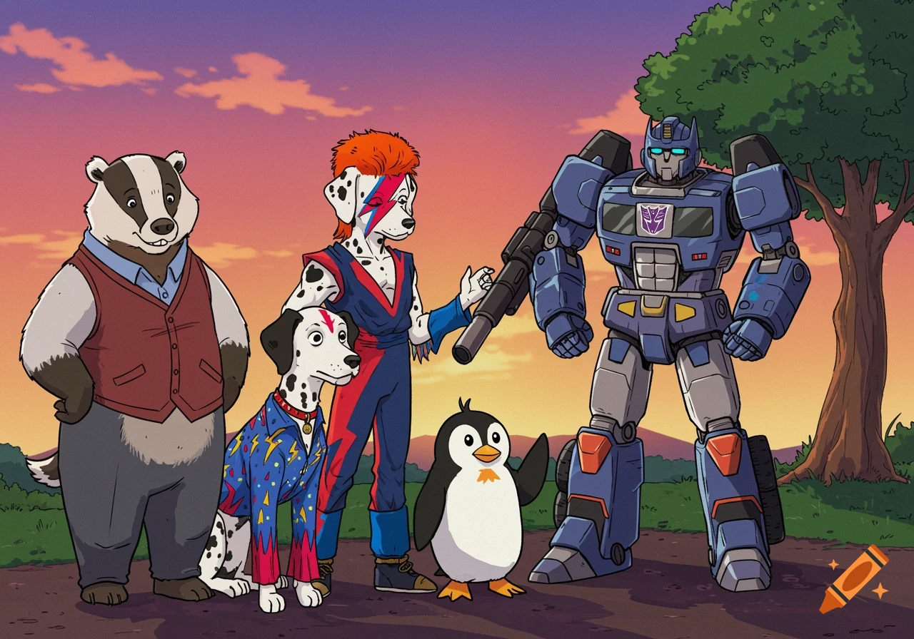 A cartoon badger, two dalmatians (one dressed as Ziggy Stardust), a penguin, and a blue robot stand together at sunset.